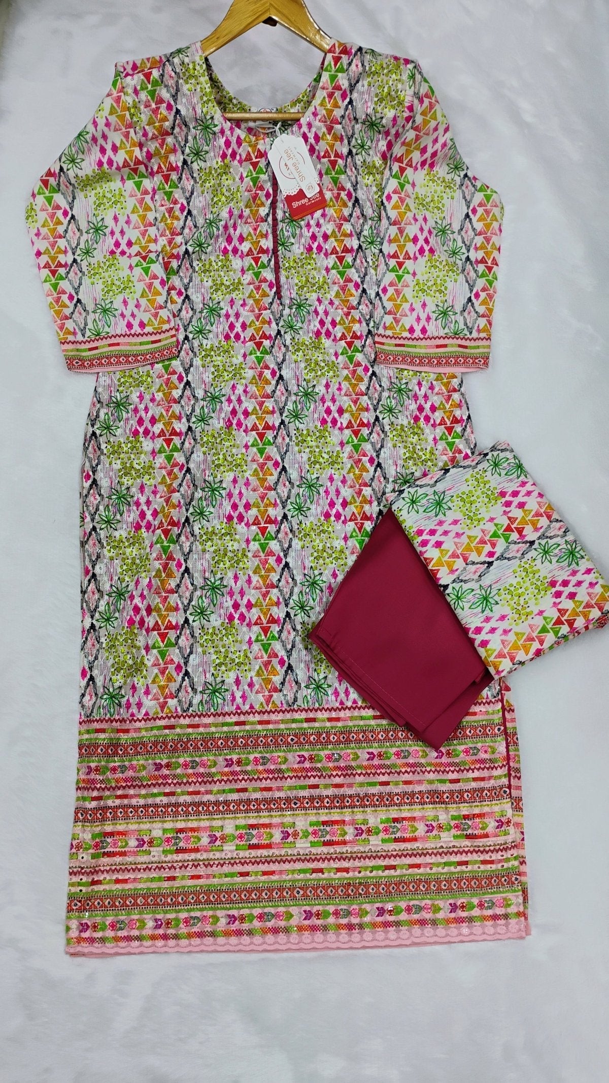 White Printed Chikankari Work 3pc Set With Dupatta