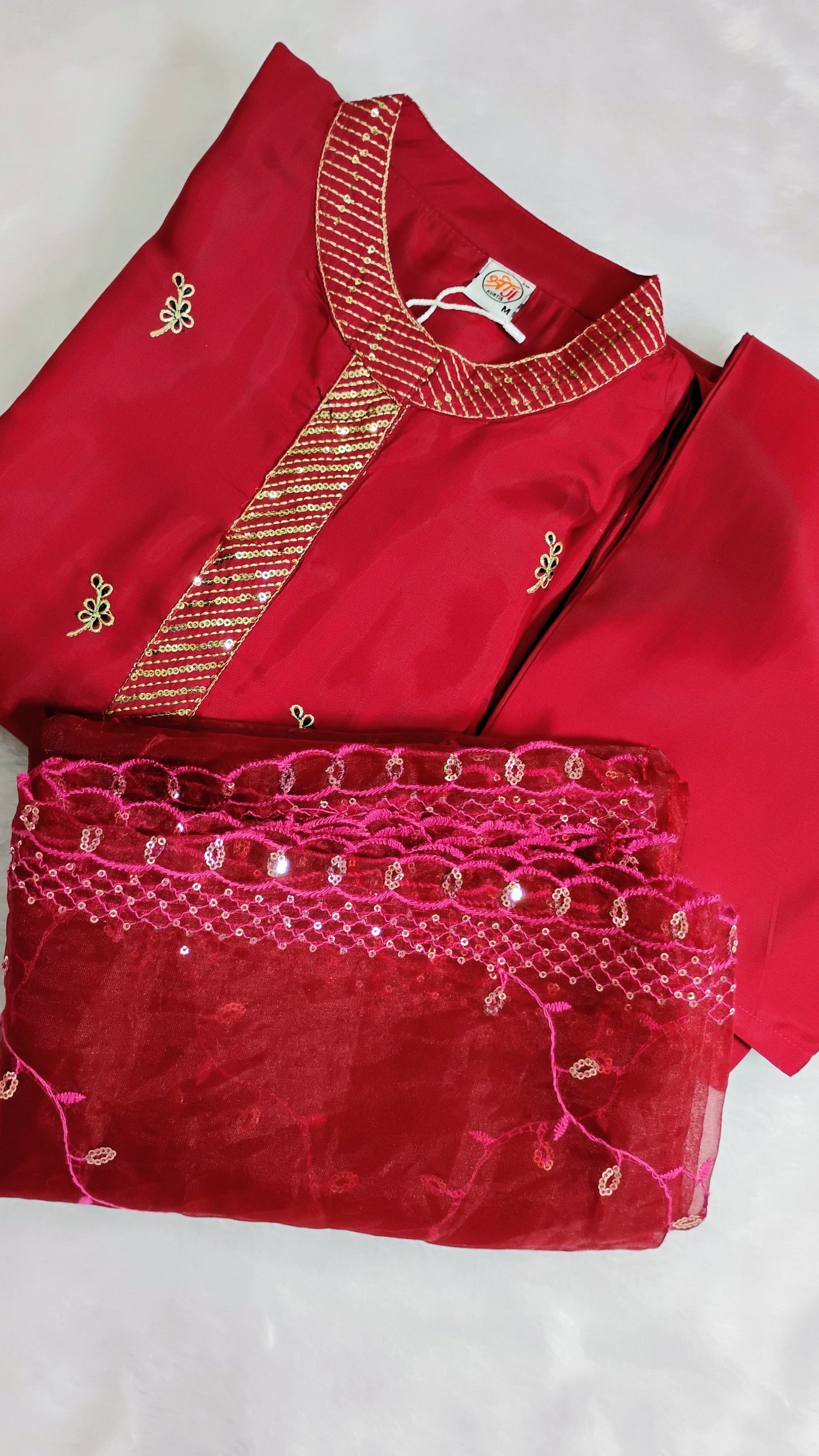WOMEN EMBRIODERED EMBELLISHED PREMIUM SILK KURTI SET WITH ORGANZA DUPATTA
