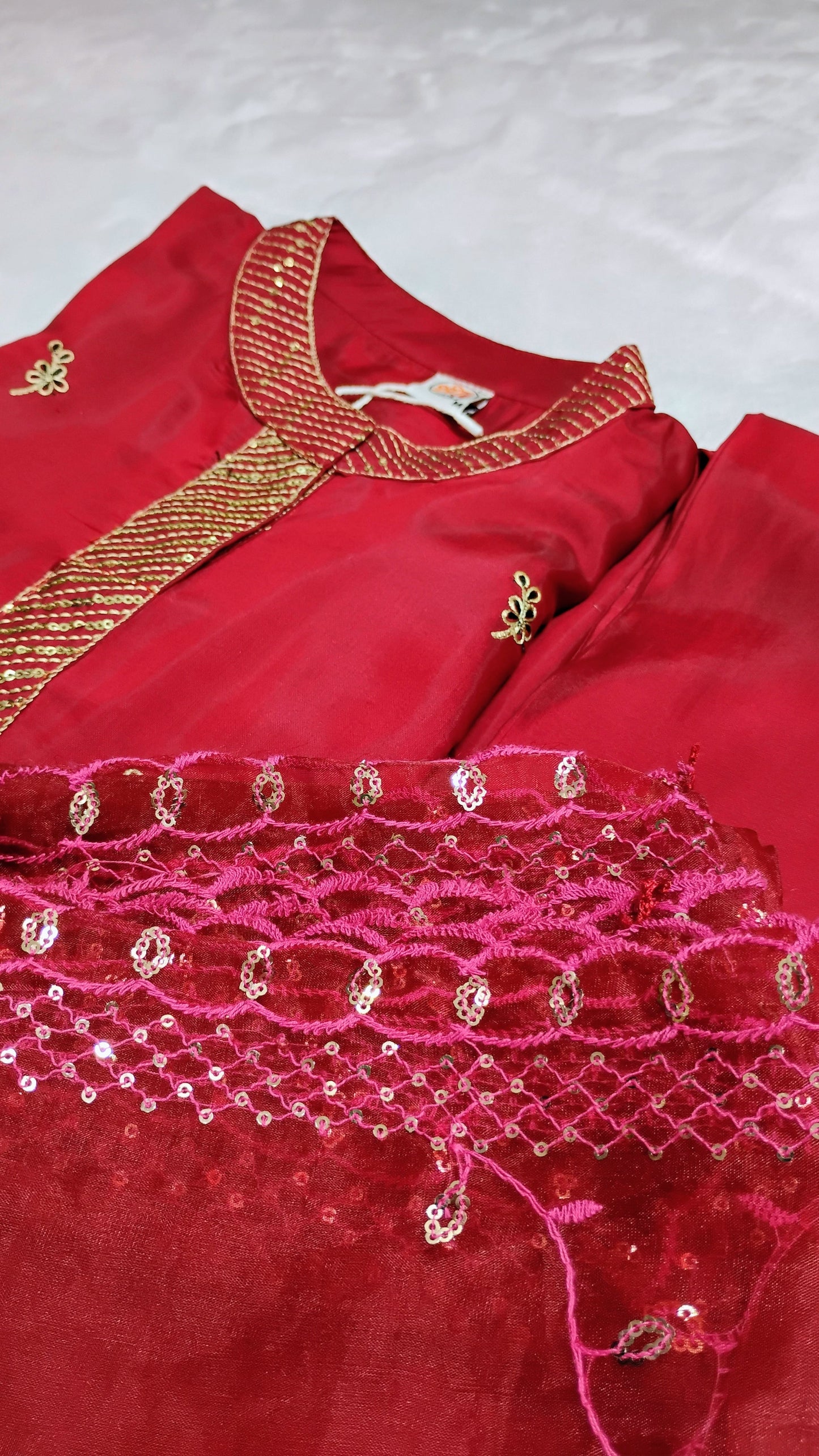 WOMEN EMBRIODERED EMBELLISHED PREMIUM SILK KURTI SET WITH ORGANZA DUPATTA