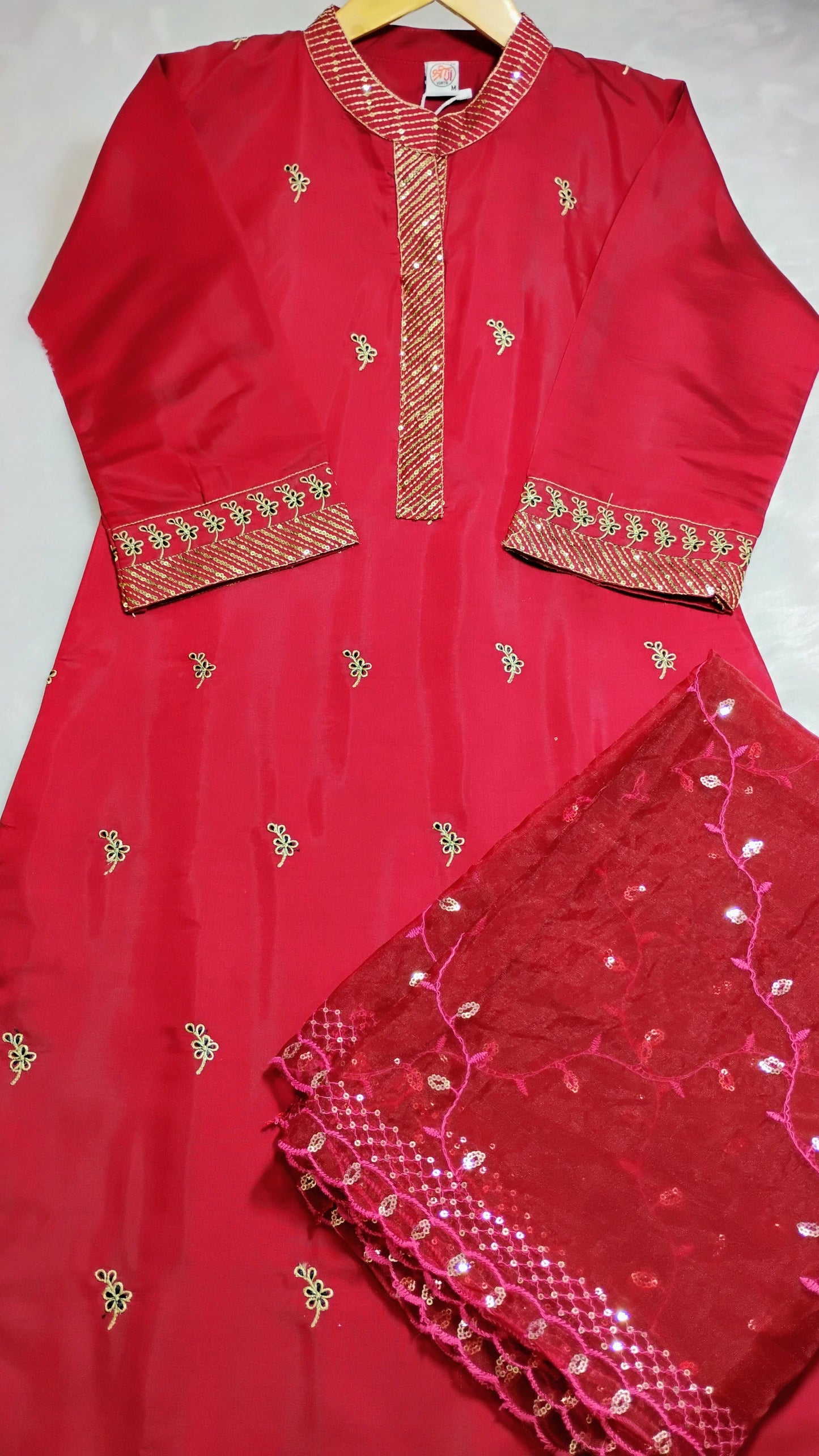 WOMEN EMBRIODERED EMBELLISHED PREMIUM SILK KURTI SET WITH ORGANZA DUPATTA