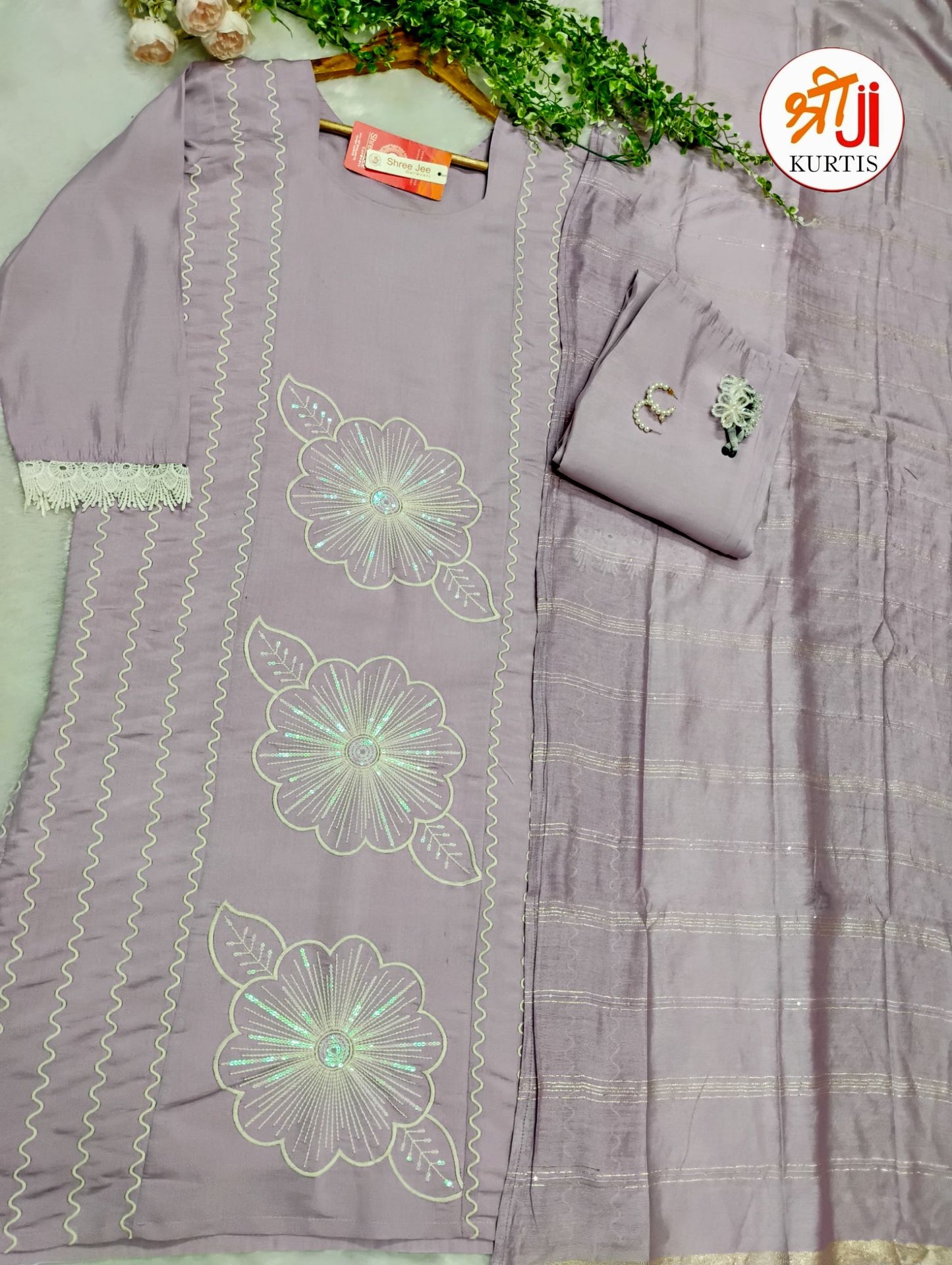 Trending Premium Roman Silk Straight Kurti with Pant and Dupatta Set