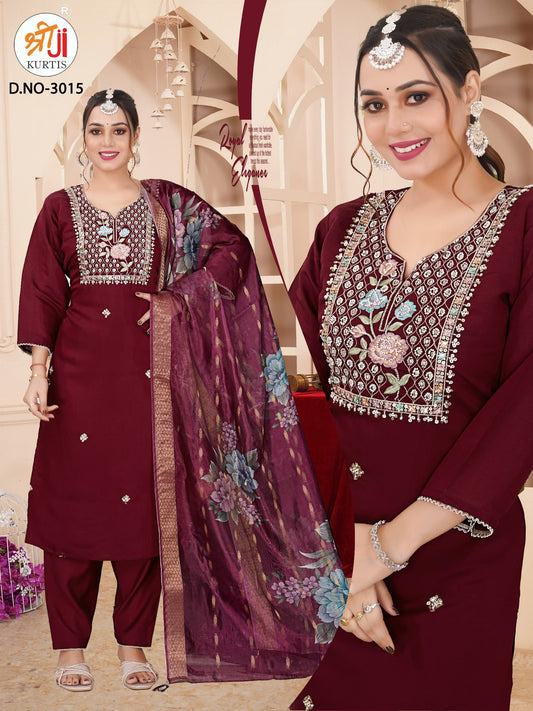 Roman Silk Kurti Set with Bead Work and Digital Printed Dupatta