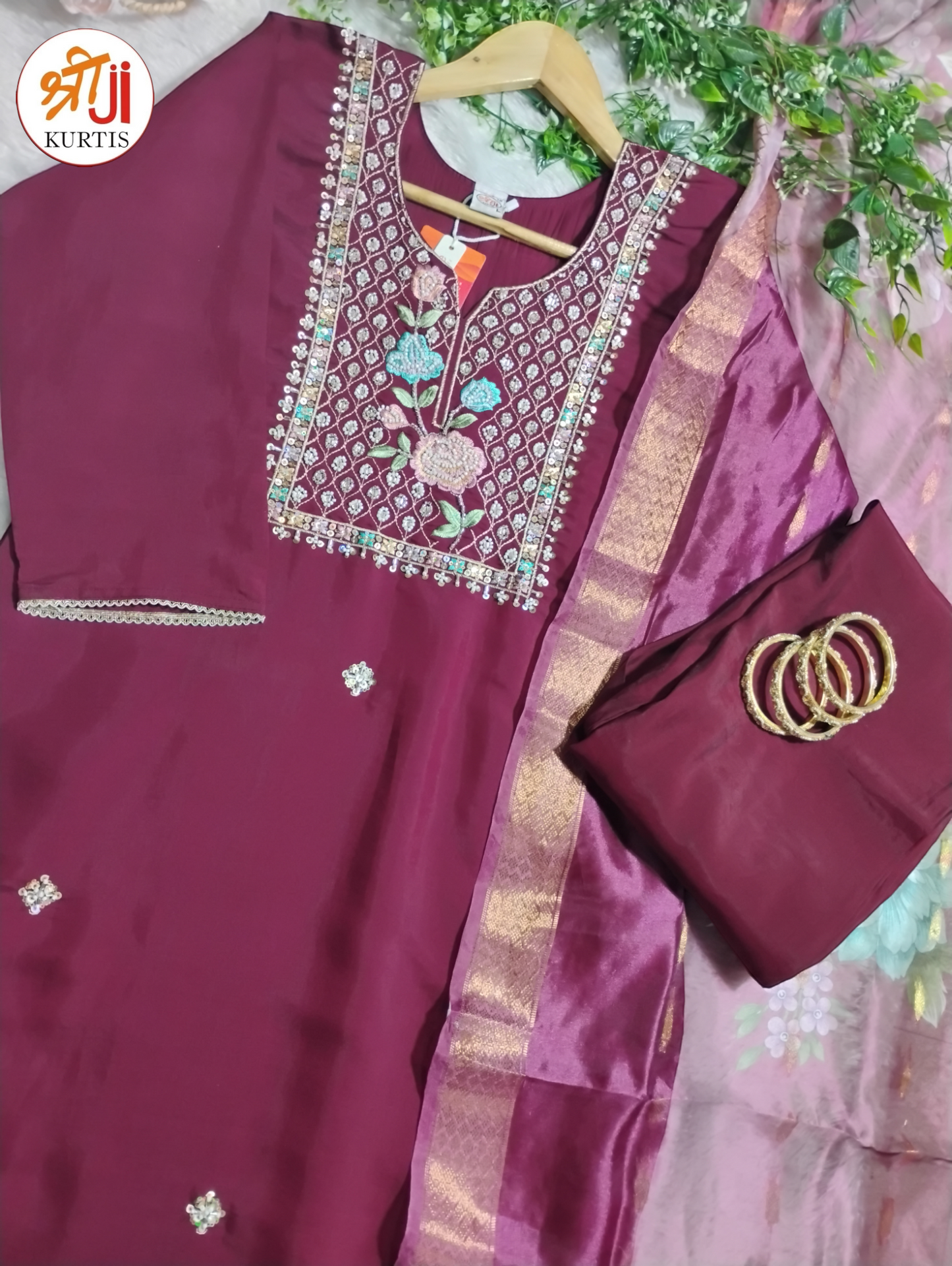 Roman Silk Kurti Set with Bead Work and Digital Printed Dupatta