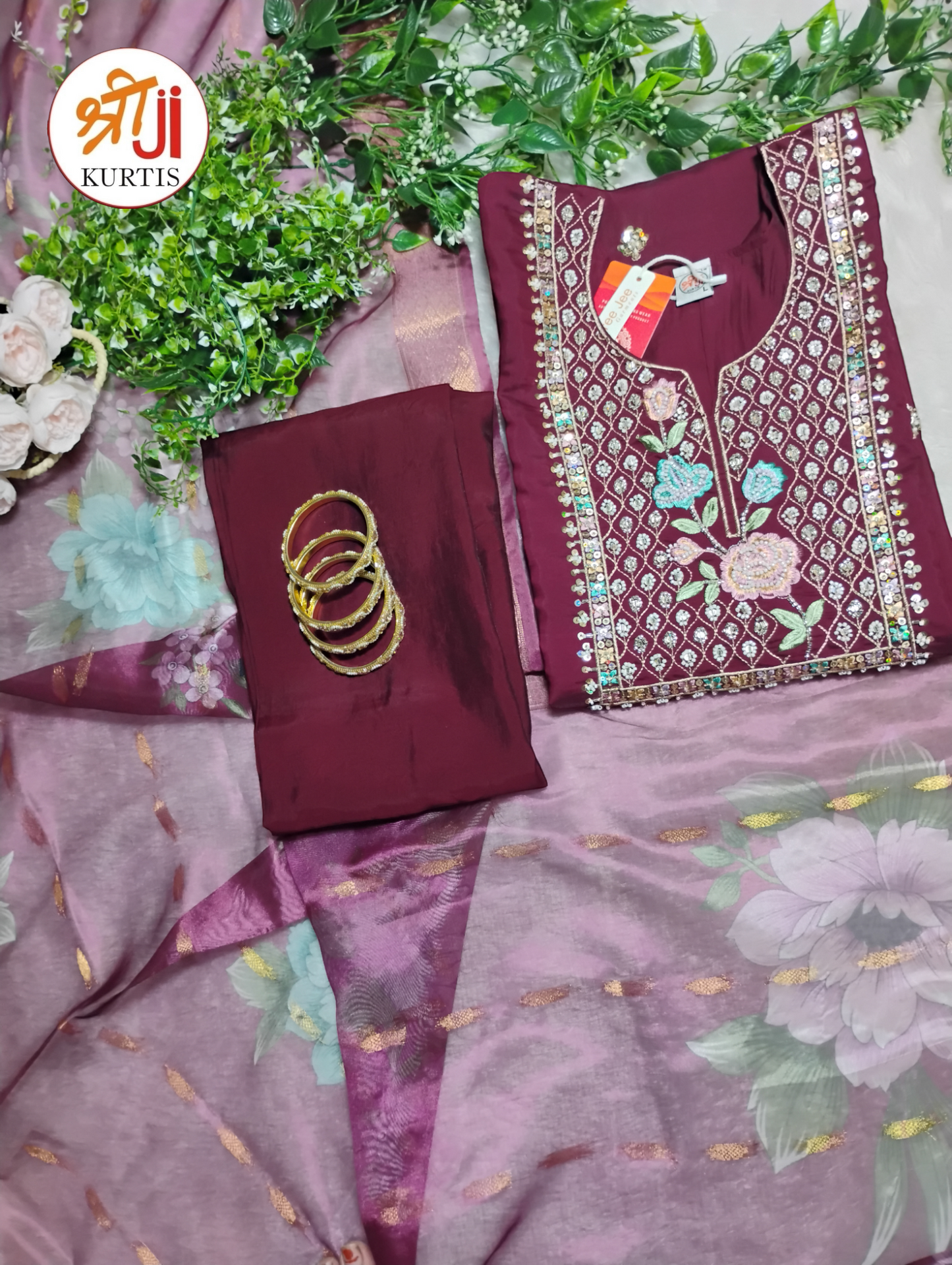 Roman Silk Kurti Set with Bead Work and Digital Printed Dupatta