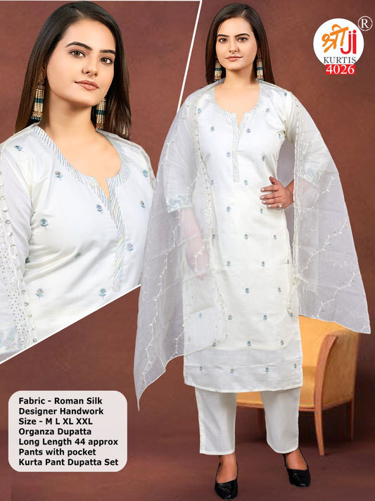 White Embriodered Set With Organza Dupatta