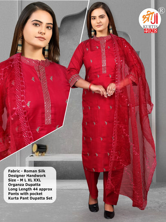WOMEN EMBRIODERED EMBELLISHED PREMIUM SILK KURTI SET WITH ORGANZA DUPATTA