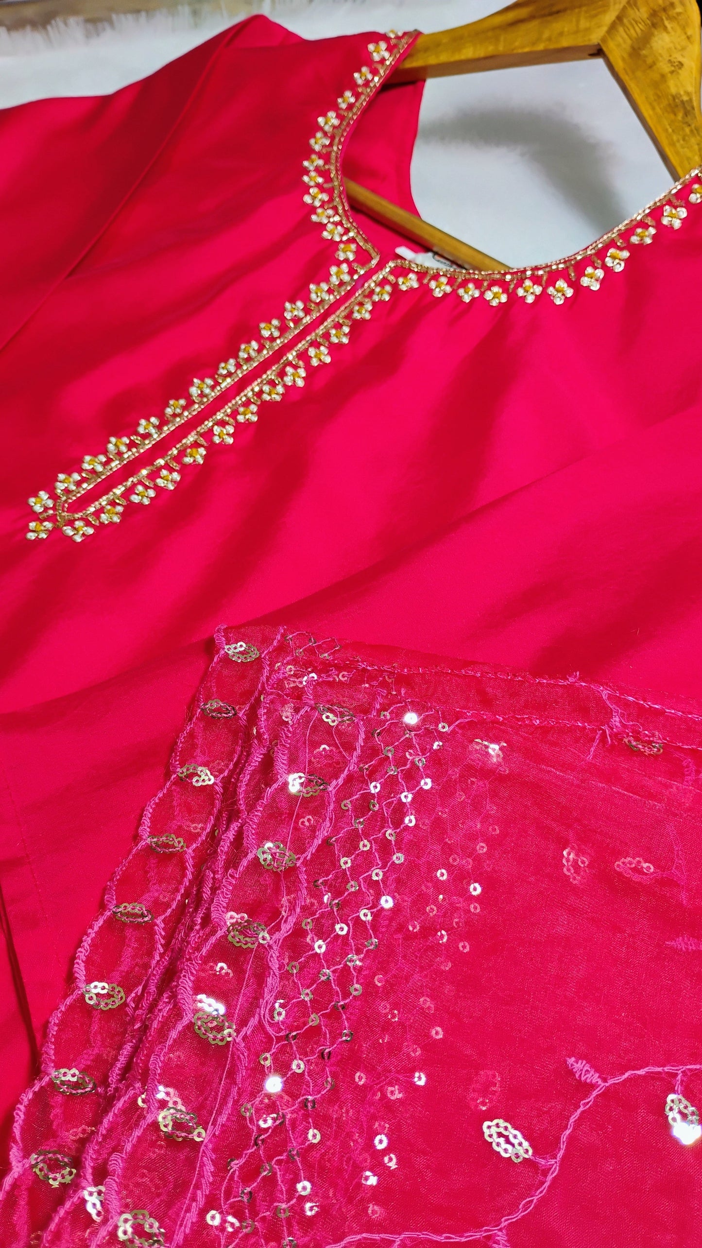 PINK DESIGNER KURTA SET WITH HANDWORK AND ORGANZA DUPATTA