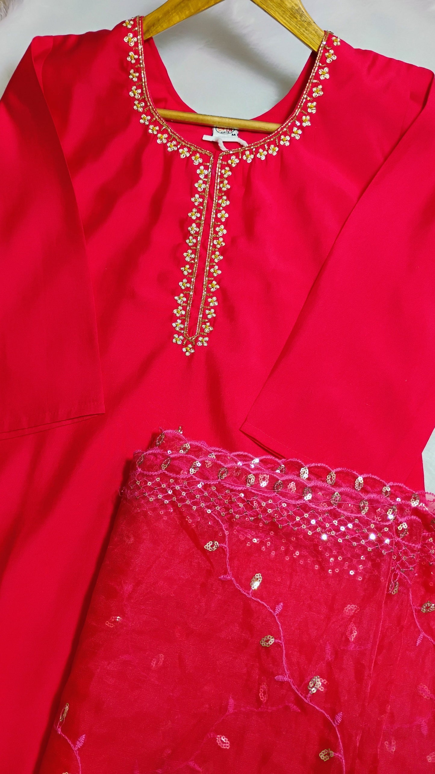PINK DESIGNER KURTA SET WITH HANDWORK AND ORGANZA DUPATTA