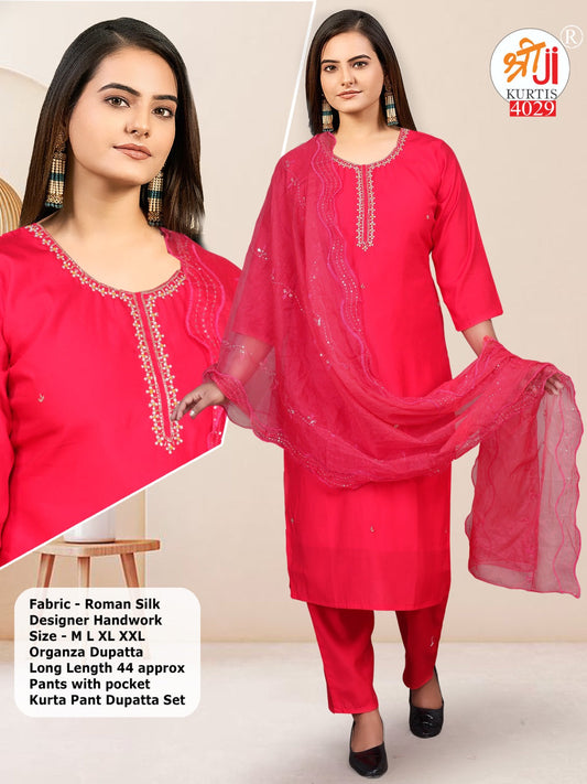 PINK DESIGNER KURTA SET WITH HANDWORK AND ORGANZA DUPATTA
