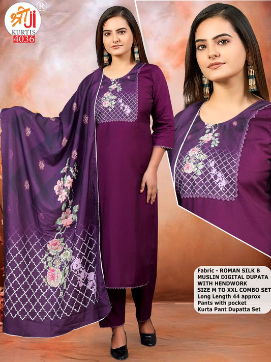 PURPLE COLORED KURTI SET WITH DIGITAL PRINTED DUPATTA