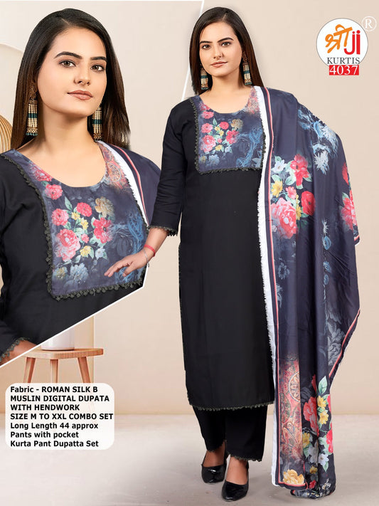 Black Color Silk Designer Set with Printed Dupatta