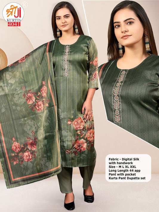 Dark Green Designer Digital Set With Dupatta