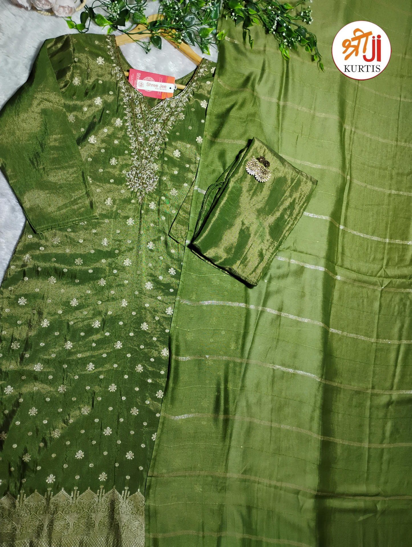 Tissue Shimmer Handwork Kurta Pant Dupatta Set | Shree Jee Kurtis