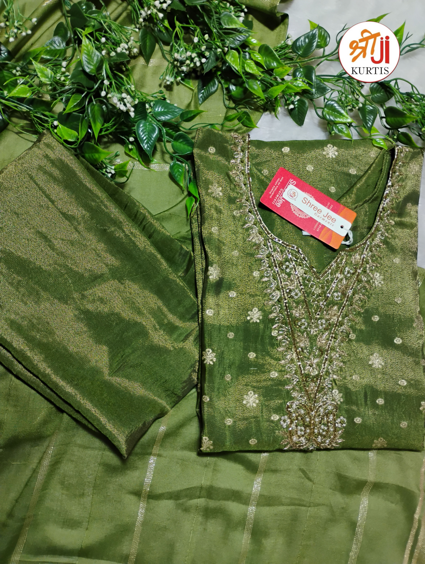 Tissue Shimmer Handwork Kurta Pant Dupatta Set | Shree Jee Kurtis