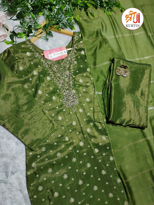 Tissue Shimmer Handwork Kurta Pant Dupatta Set | Shree Jee Kurtis
