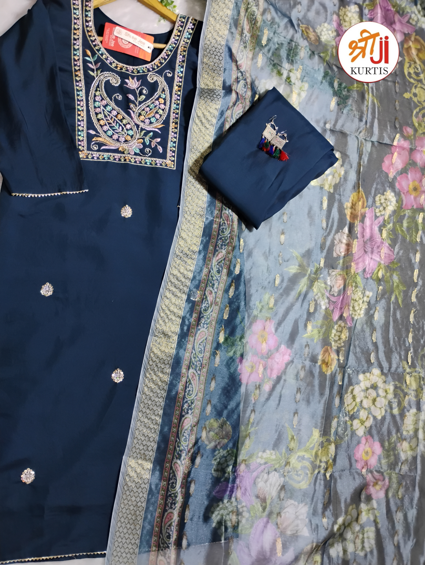 Premium Roman Silk Festive Kurti Pant Dupatta Set with Beads Work