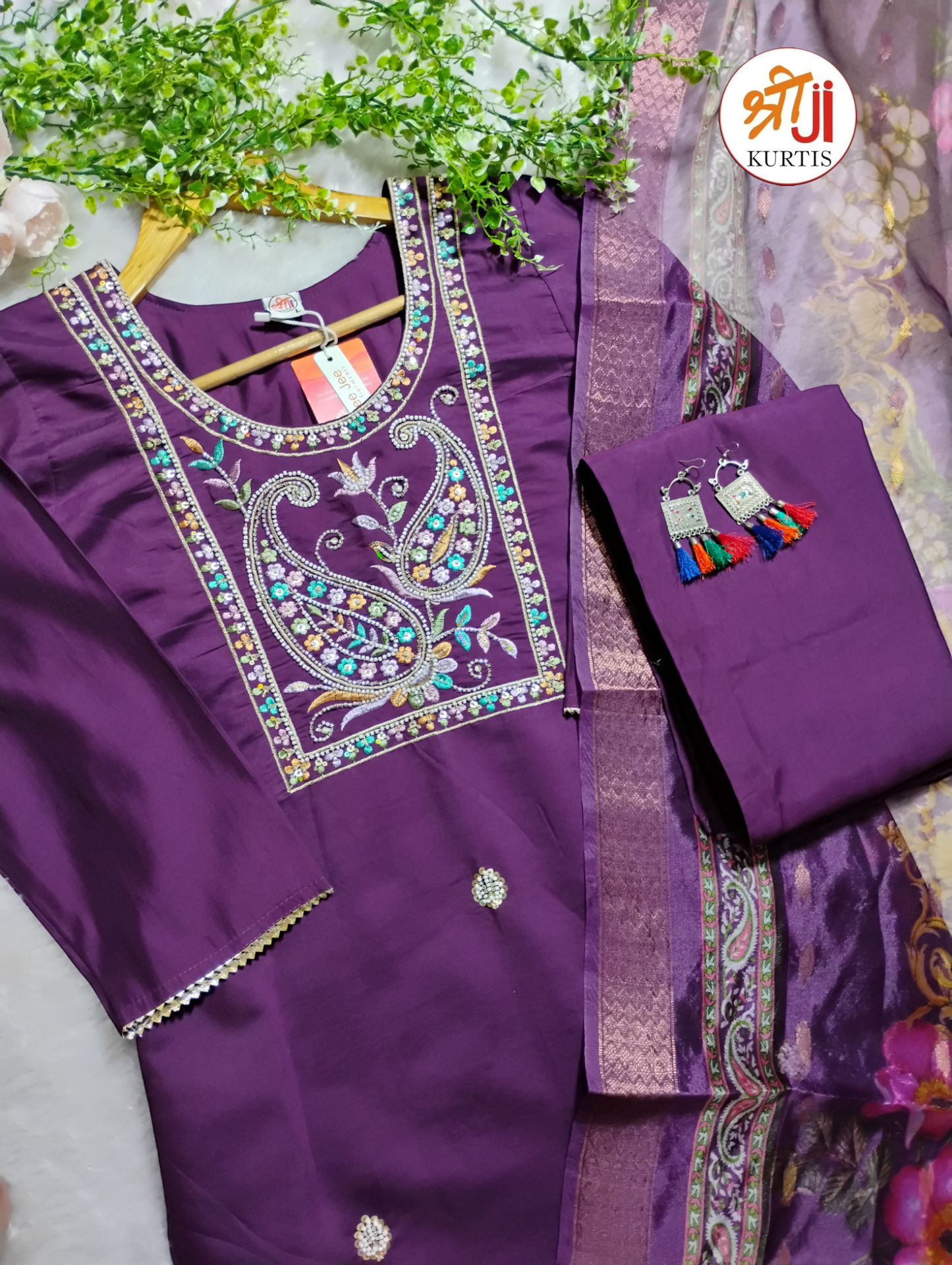 Premium Roman Silk Festive Kurti Pant Dupatta Set with Beads Work