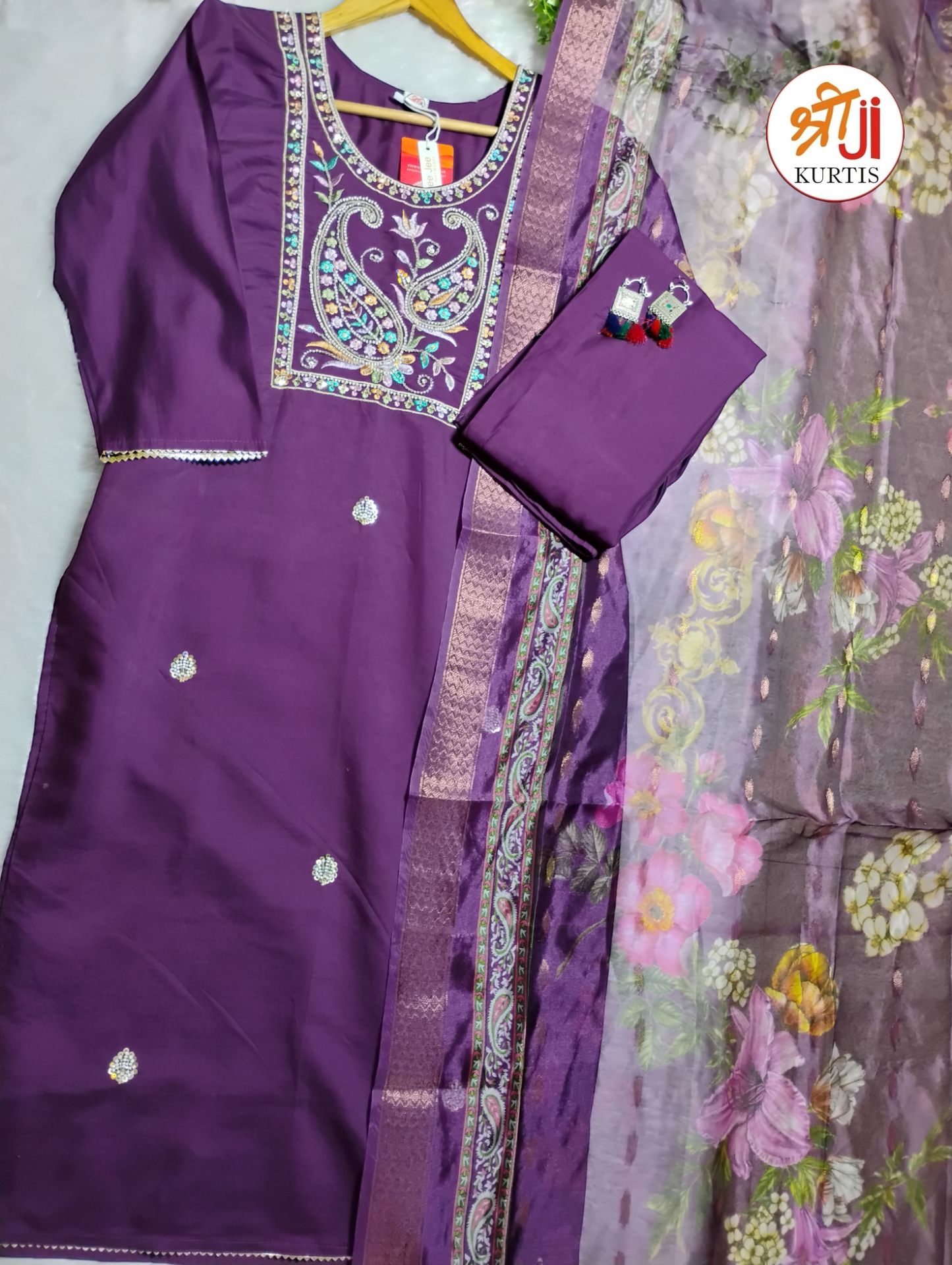 Premium Roman Silk Festive Kurti Pant Dupatta Set with Beads Work