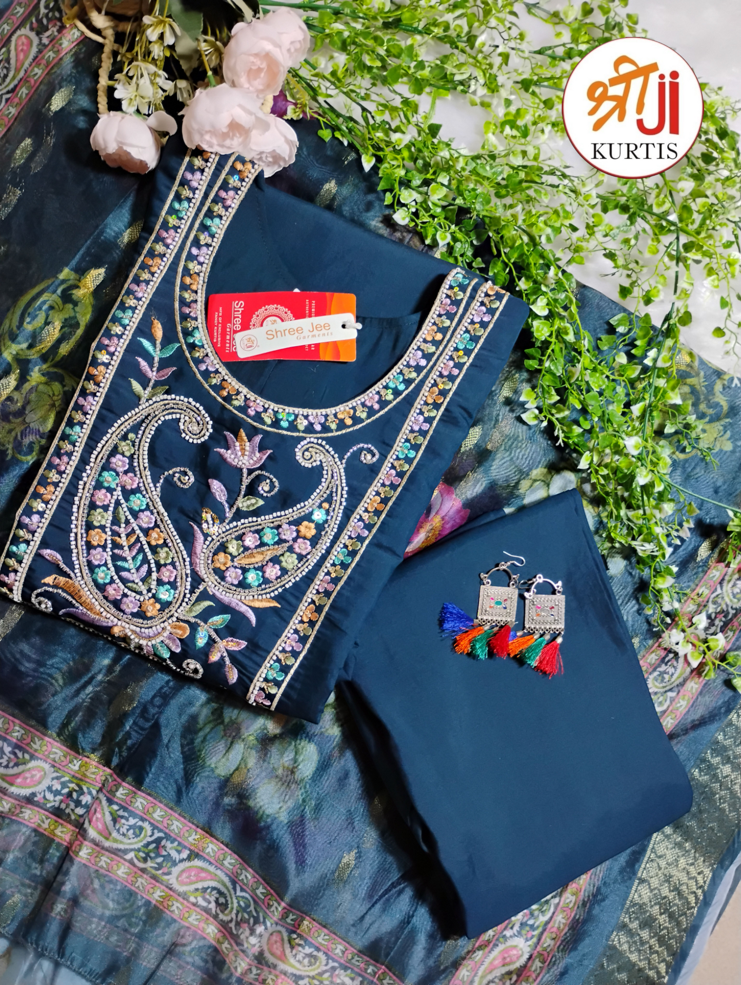 Premium Roman Silk Festive Kurti Pant Dupatta Set with Beads Work