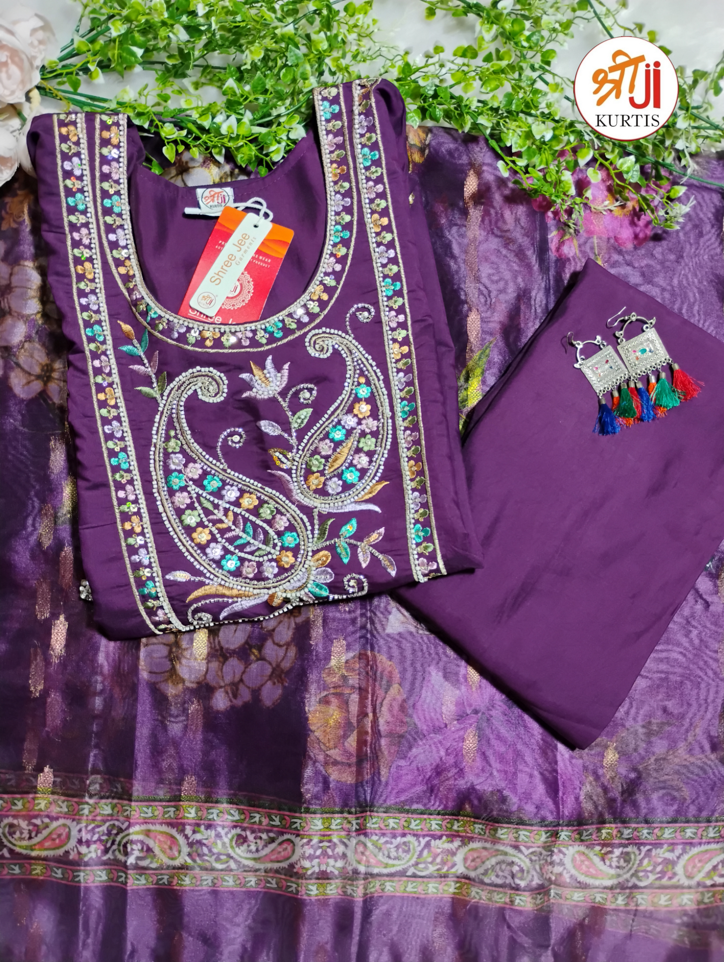 Premium Roman Silk Festive Kurti Pant Dupatta Set with Beads Work