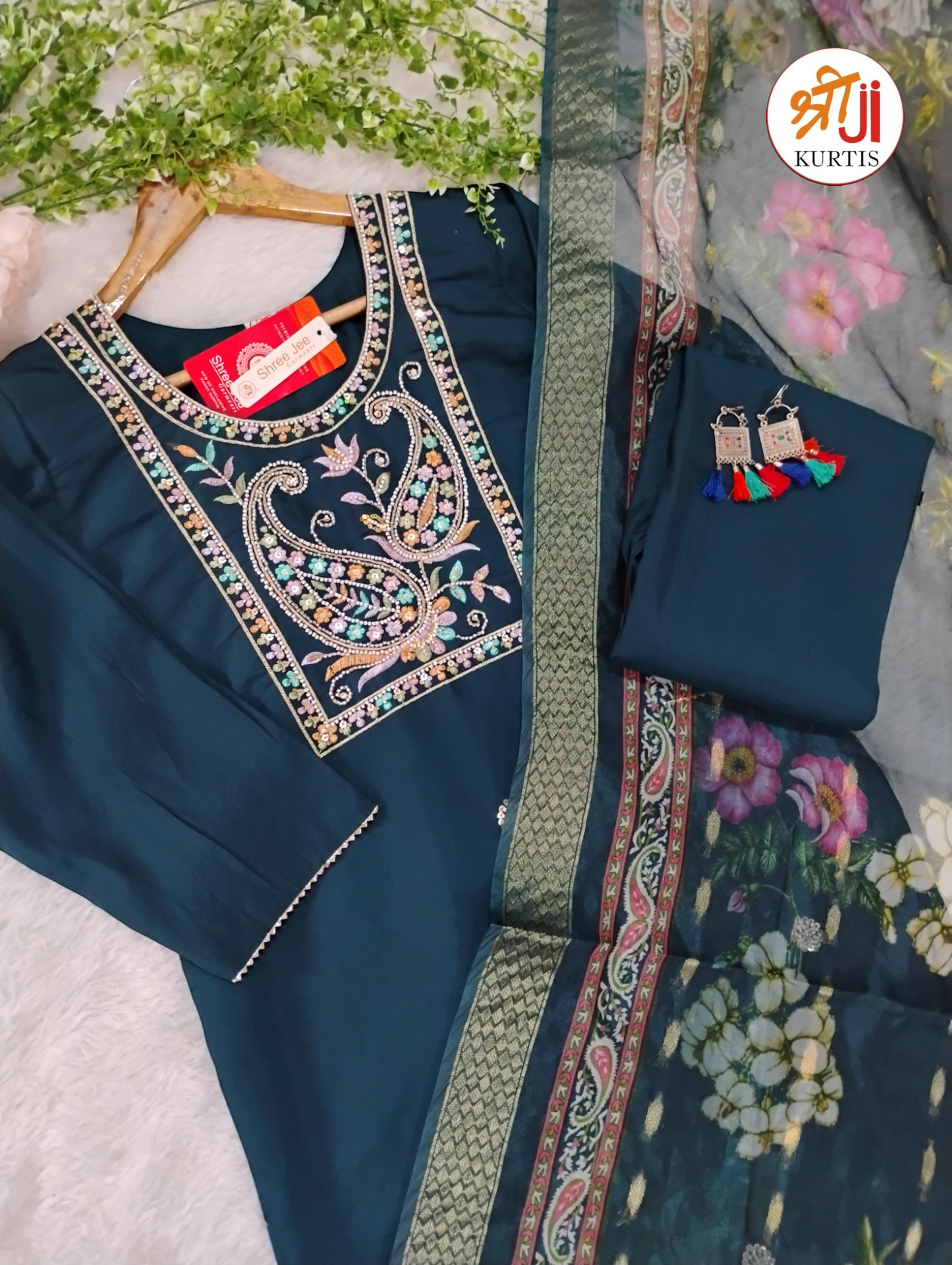 Premium Roman Silk Festive Kurti Pant Dupatta Set with Beads Work