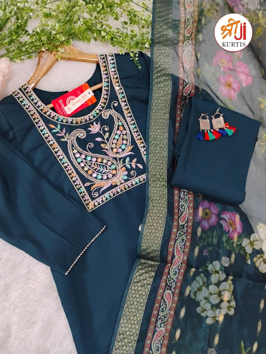 Premium Roman Silk Festive Kurti Pant Dupatta Set with Beads Work